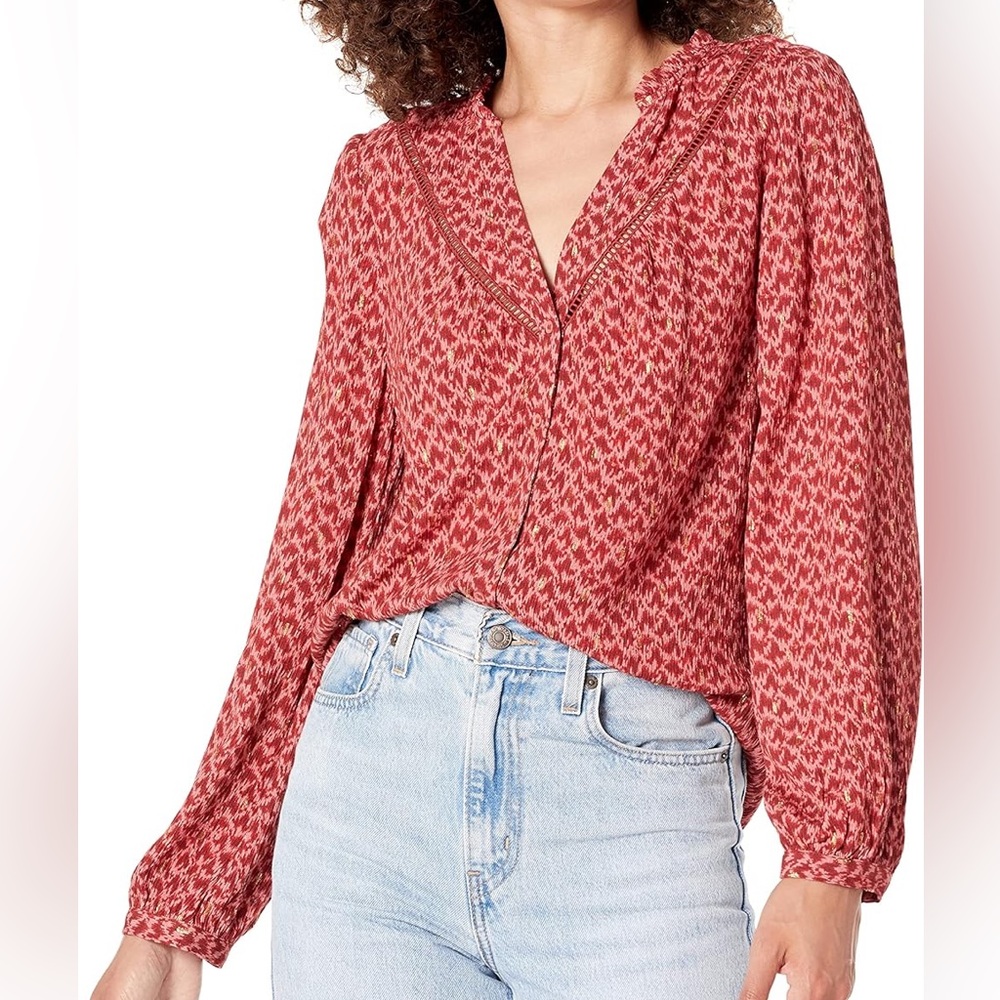 Paige Doris Button Down V-neck Top in Papaya Gold Details size S Boho Indie